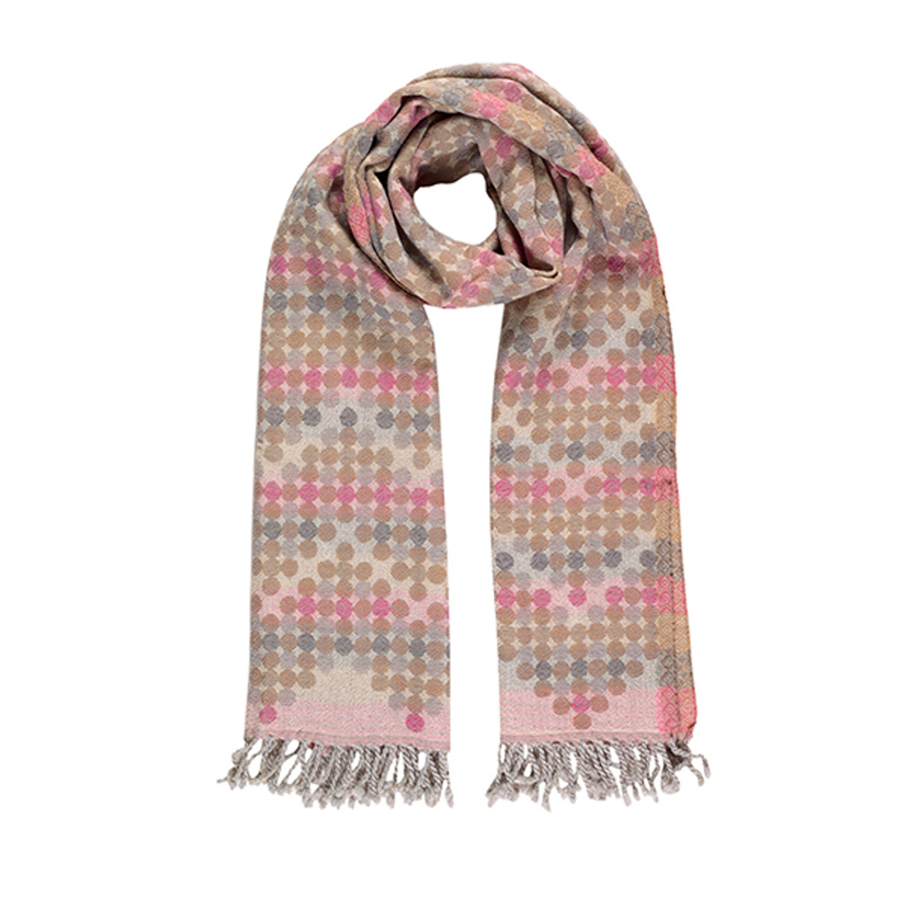 100% thick boiled wool beige, pink and blue dot pattern scarf